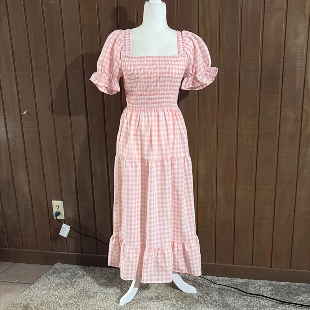 Pink and White Ruched Puff Sleeve Midi Sundress